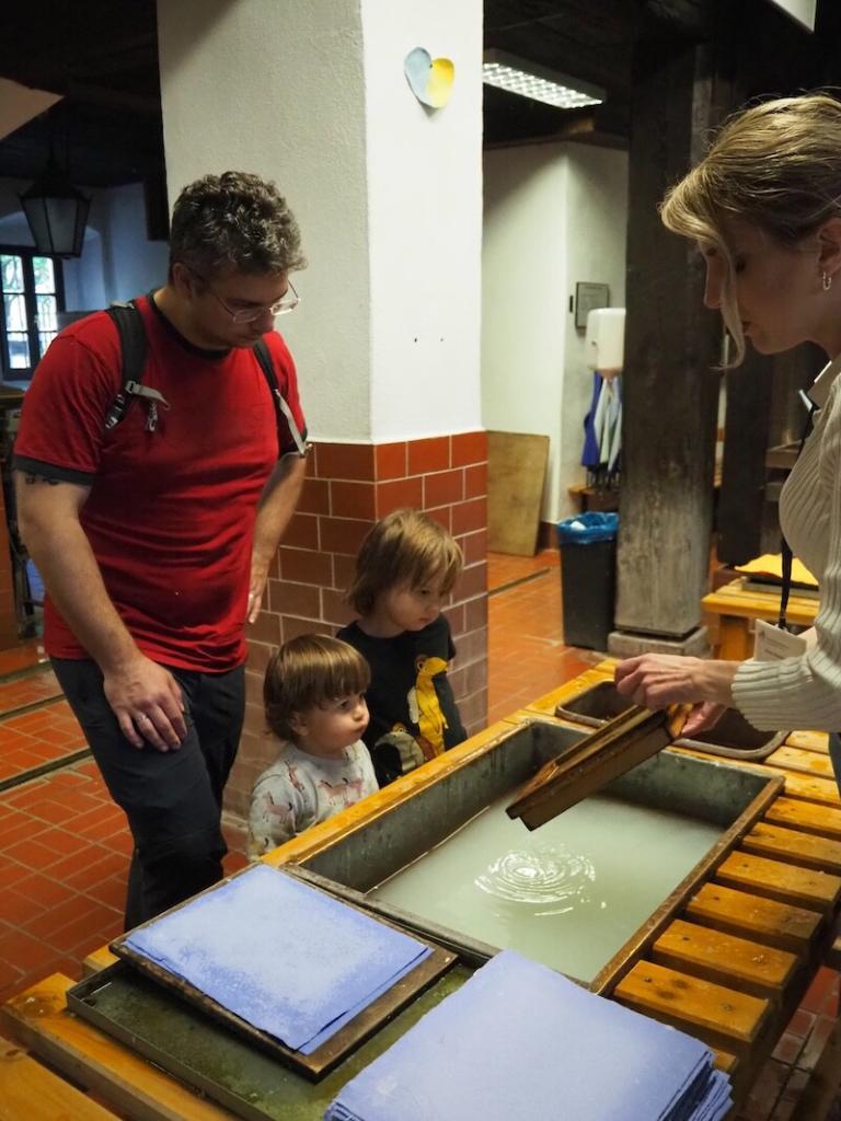 After the tour of the museum, where some exhibits invite you to touch and even take part, my boys are amazed: they have never seen handmade paper from a tub before